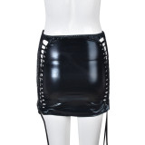 Shiny leather, tassels, high elasticity, hollow-out, lace skirt