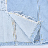 Denim, wash, pocket, slit fringed skirt