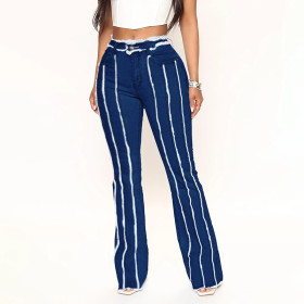High elastic, medium waist, raw hem, denim trousers