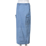 Denim, wash, pocket, slit fringed skirt