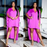 Irregular, satin, bat sleeve, V-neck, loose dress