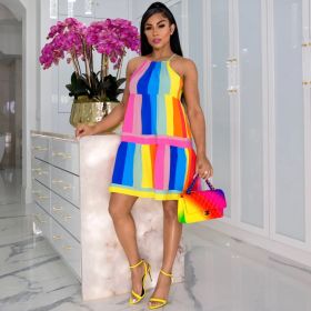 Rainbow stripe, suspender skirt, stitching, dress