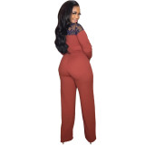 Long sleeve, lace, stitching, straight tube jumpsuit