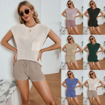 Loose, casual, suit, pocket, solid color, knit