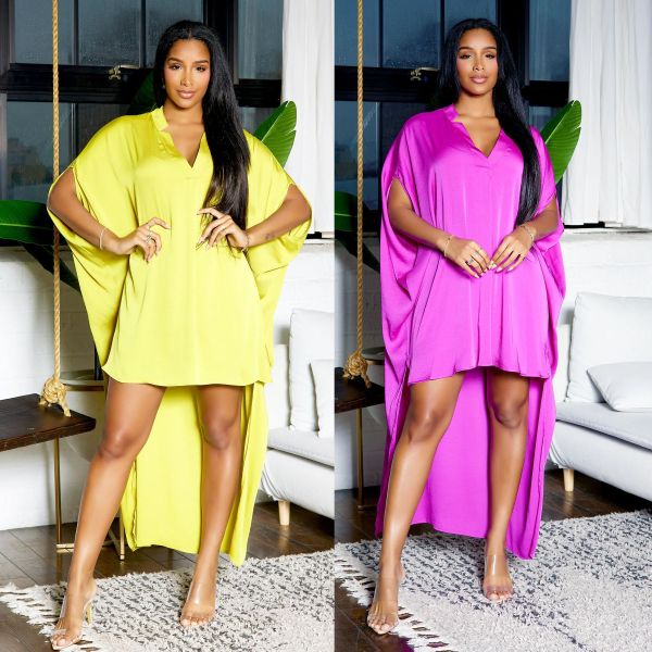 Irregular, satin, bat sleeve, V-neck, loose dress