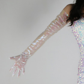 Long sequin gloves, 70cm, embroidered, lace mesh
