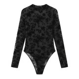 Lace mesh, flocking printing, perspective, long-sleeved bodysuit