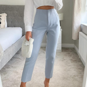 Women Light Blue Chic Fashion Office Wear Straight Pants Vintage High Waist Zipper Fly Female Trousers Fashion 2023