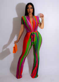 Stripe print, V-neck, short-sleeved one-piece shorts, belt included