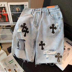 Y2K Ripped Denim Shorts European and American High Street Cross Jeans hip-hop Boyfriend straight loose wide-leg pants ins hot