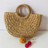 Straw bag, moon shape, paper rope woven bag, handbag, beach straw bag