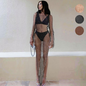 Bubble bead stick drill, mesh, perspective long dress