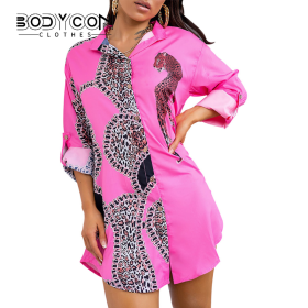 BODYCON Summer Women Casual Loose Daily Wear Long Sleeve Pink Top Turn-down Collar Cheetah Chain Print Colorblock Longline Shirt