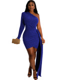 BODYCON Women One Long Sleeve Ruched Side Asymmetrical Floor Length Tassel Side Bodycon Midi Dress Sexy Party Prom Knit Dresses