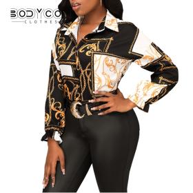 BODYCON 2023 New Spring Autumn Women Blouse Fashion Casual Commuter Lapel Printed Multicolor Slim Long Sleeve Shirt Women Tops
