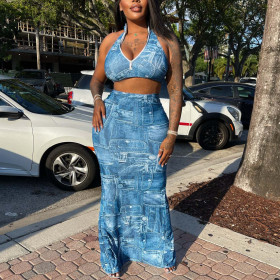 Denim print, neck hanging, breast wrapping, skirt set, two-piece set