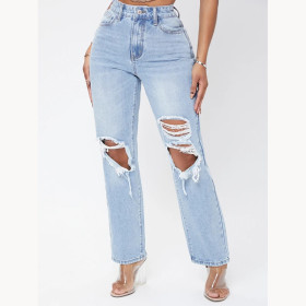 Washed jeans, high waist, baggy straight pants with holes