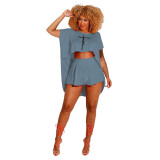 Letter Print Round Neck Loose Bat Sleeve Top Shorts Two Piece Set