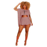 Letter Print Round Neck Loose Bat Sleeve Top Shorts Two Piece Set
