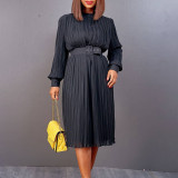 Loose fitting dress with belt pressed pleat