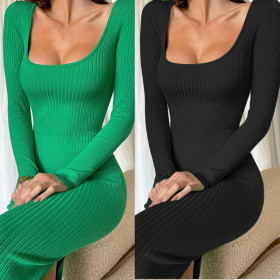 Solid Color U-Neck Low Cut Long Sleeve Slim Fit Split Dress