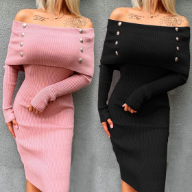 Knitted Dress Off Shoulder Cape Long Sleeve Wrapped Hip Skirt
