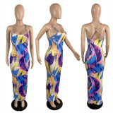 Printed suspender wrap with hip split Dress