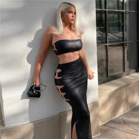 Flat neck bra cut out skirt suit