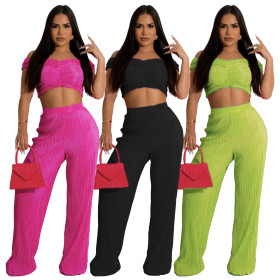 Casual 2 Piece Off Shoulder Wrapped Chest Wide Leg Set