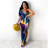 Printed suspender wrap with hip split Dress