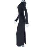 V-Neck, Hanging Neck, Solid Color Long Sleeve Split, Hip Wrapped Pleated Dress