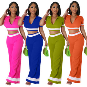 Casual Set Seasonal Color Contrast Polo Wide Leg Pants Short Sleeve Open Umbilical Two Piece Set