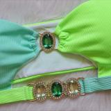 Crystal Diamond Bikini Removable Chest Cushion Swimwear Panel Bra Strap Split Swimwear