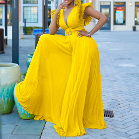 Matching belt deep V pleated wide leg oversized jumpsuit