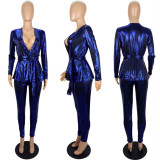 Fashion gilding cloth long sleeve suit with belt