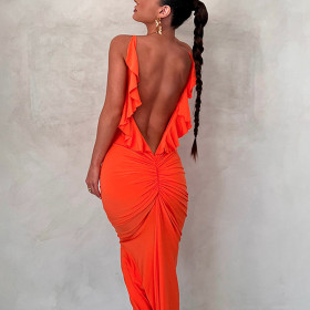 Panel Wood Ear Side Long Dress Open Back V-Neck Tight Wrap Hip Strap Dress Sexy Pleated