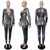 Fashion gilding cloth long sleeve suit with belt
