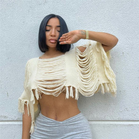 Irregular cut-out fringed pullover knit blouse loose top