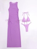 Swimwear Women's Split Three Point Solid Mesh Three Piece Mesh Red Bikini