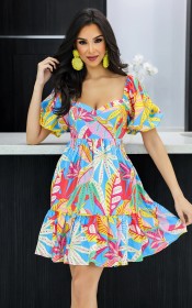 Square Neck Temperament Print Casual Bubble Sleeve Women's Dress