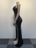 Hot Diamond Strap Side Open Oblique Shoulder Slim Fit Oblique Shoulder Dress Nightclub Dress