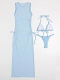 Swimwear Women's Split Three Point Solid Mesh Three Piece Mesh Red Bikini
