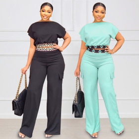 Short Sleeve Top Solid Color Versatile Loose Straight Pants 2PK Set