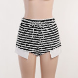 Striped drawcord high waist shorts with adjustable buckle strap suit