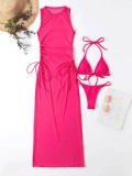 Swimwear Women's Split Three Point Solid Mesh Three Piece Mesh Red Bikini