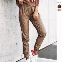 Solid color lace up waist leggings Slim fit leather pants