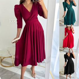 Solid V Neck Waist Wrapped Bubble Sleeve Swing Dress