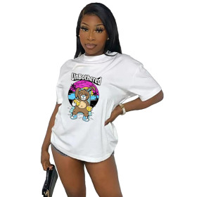 Casual Cotton Crew Neck Short Sleeve Small Drop Shoulder Loose Print T-shirt