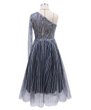 Single Shoulder Sleeves Slim Fit Dress Iron Silver Dress