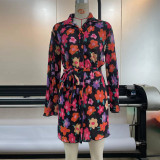 Floral Print Lace Up Polo Single breasted Cardigan Long Sleeve Dress